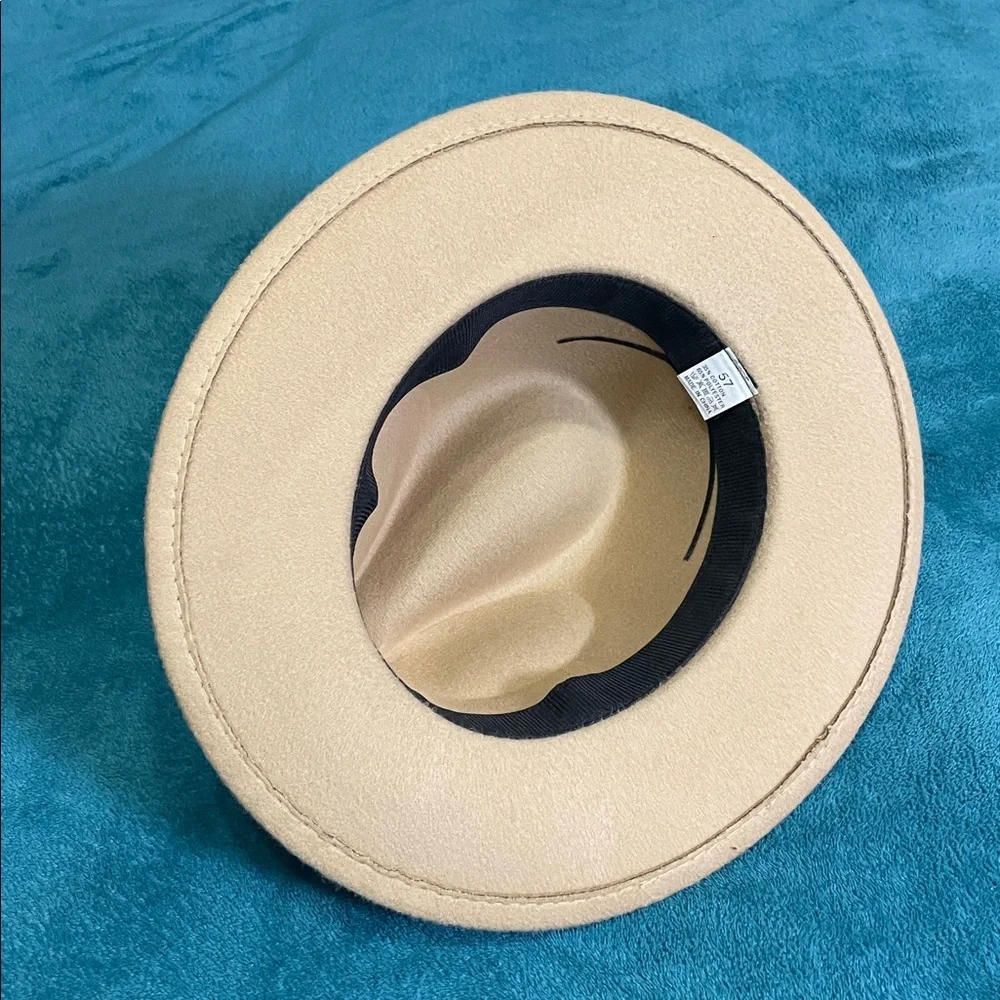 Tan Women's Felt Fedora Western Cowboy Hat White Belt Double Brown Feathers